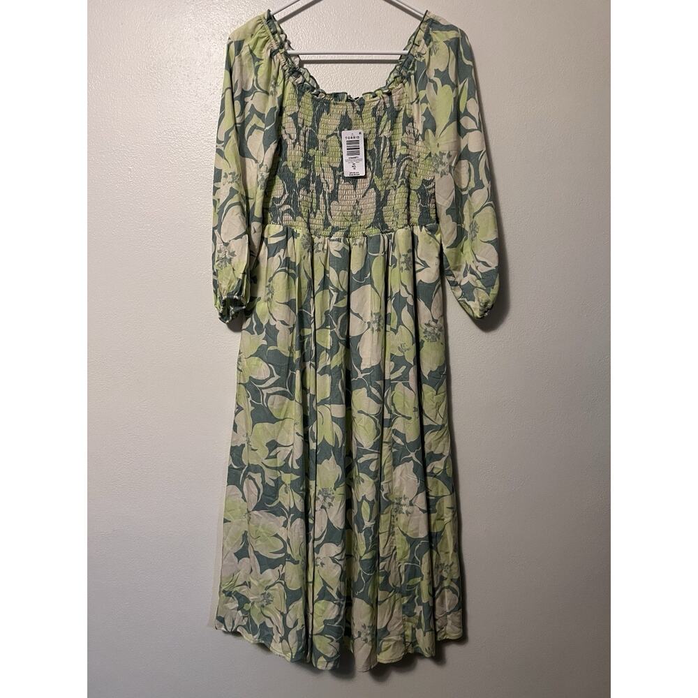Torrid Green Floral Challis Puff Sleeve Midi Dress Pockets Size 10 Medium New